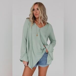 Three Bird Nest Mint Green V-Neck Waffle Knit Tunic Top